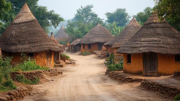 traditional-african-village-with-thatched-huts-and-dirt-pathway-surrounded-by-lush-greenery-photo